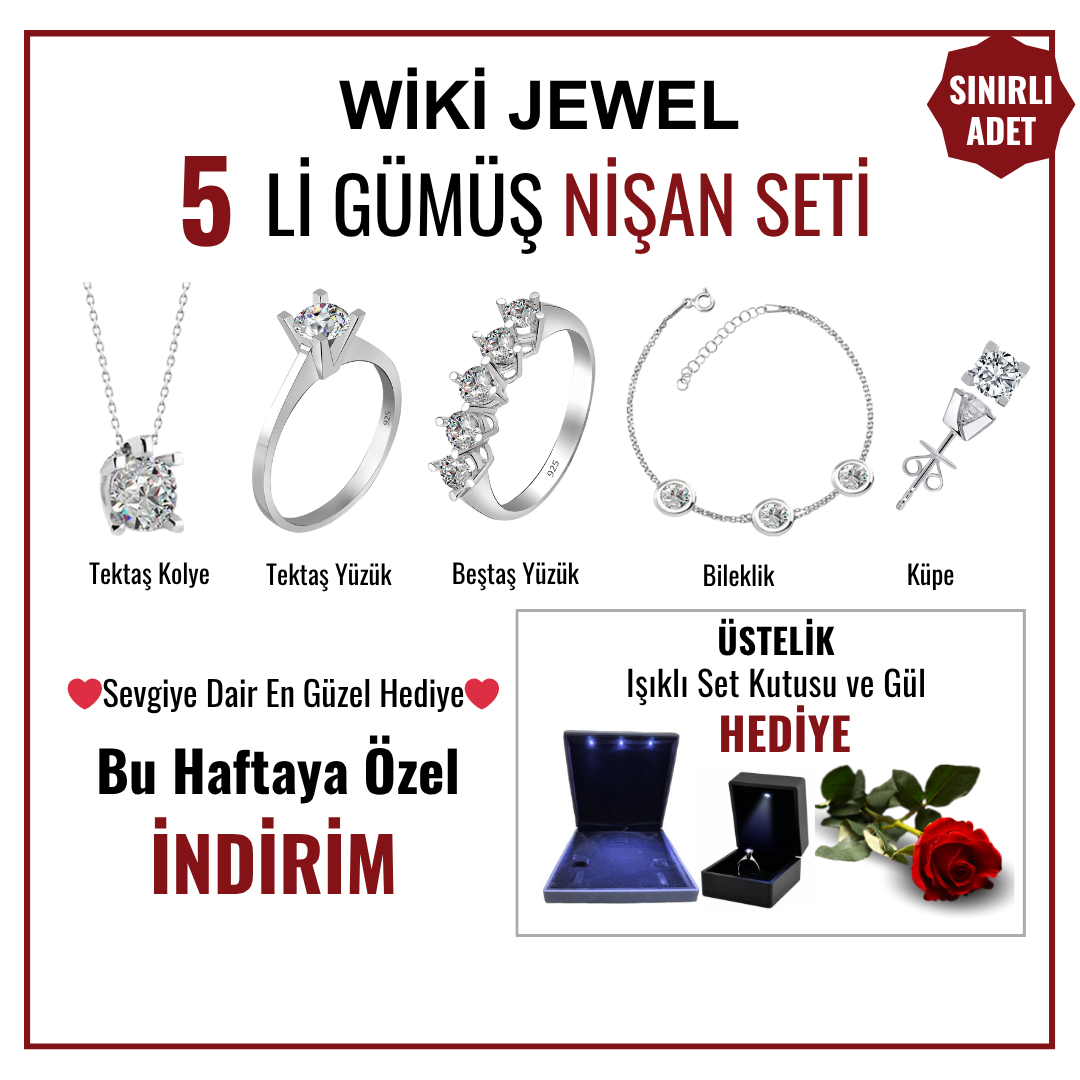 5 li Gümüş Nişan Seti 925 Ayar Gümüş + Sevgililer günü, Doğum günü, Nişan, Düğün, Anneler günü, Özel günler