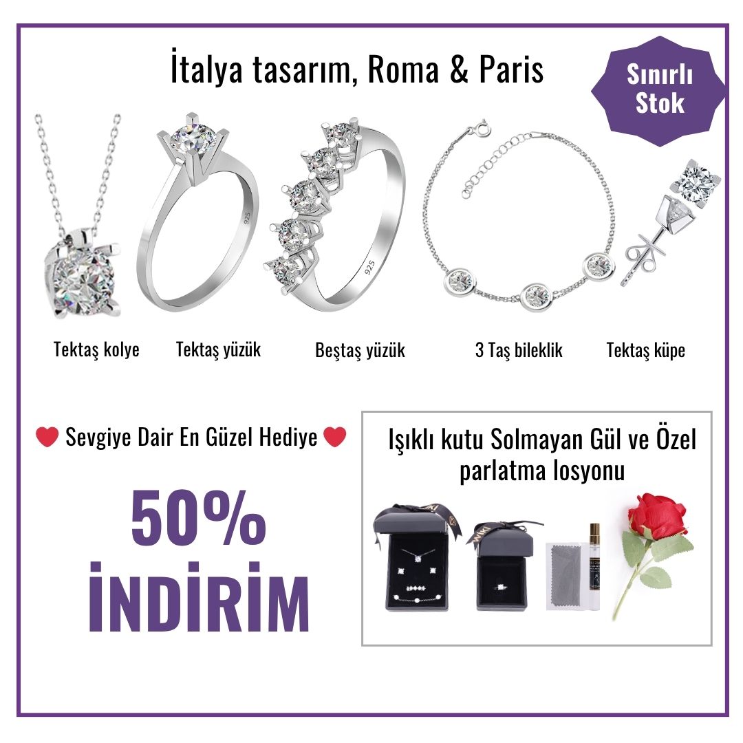 5 Parça 925 Ayar Gümüş Aşk Takı Seti İtalya Koleksiyonu Beştaş Yüzük, Tektaş Yüzük, Tektaş Kolye, Tektaş Küpe, 3 taş Bileklik