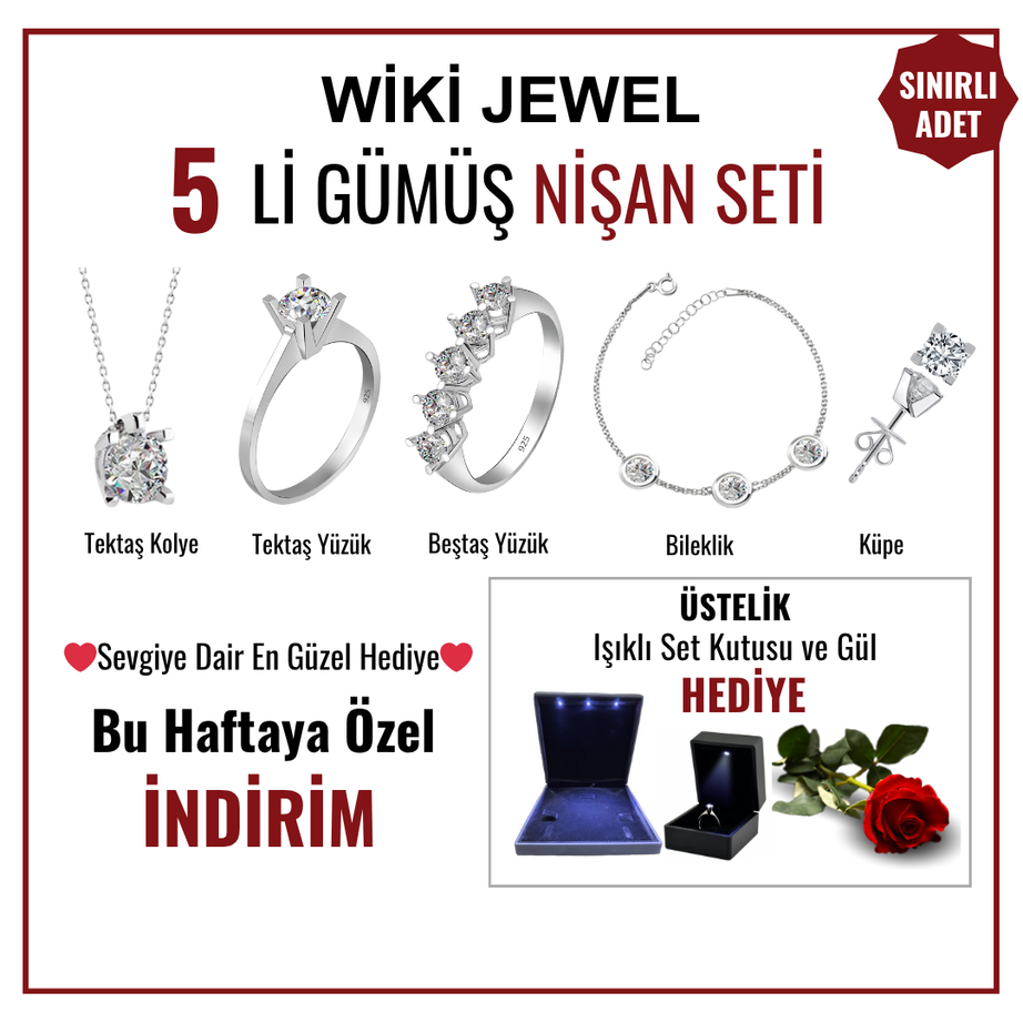 5 li Gümüş Nişan Seti 925 Ayar Gümüş + Sevgililer günü, Doğum günü, Nişan, Düğün, Anneler günü,  Özel günler